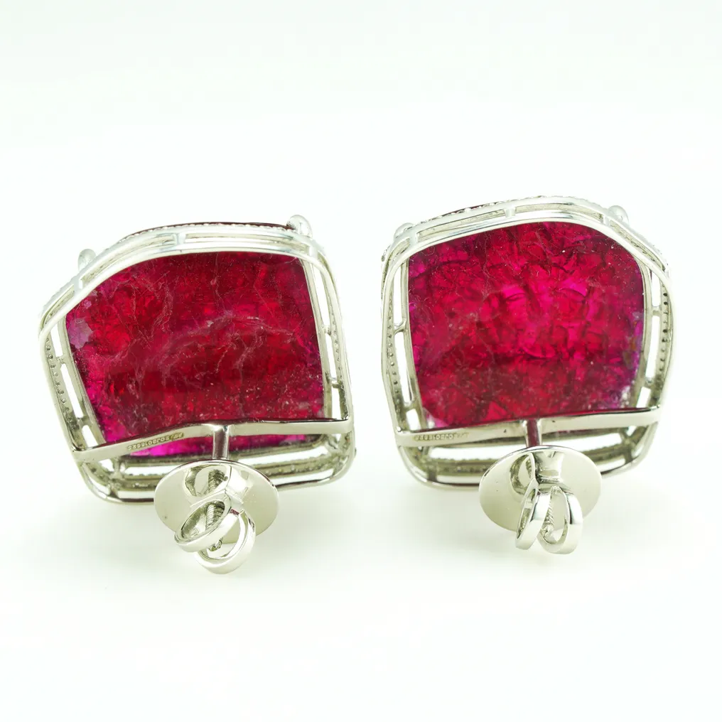 Stud earrings Platinum - 34.05ct. tw. Ruby - Diamond - IGI - No Heat - Deep Red - Image 5