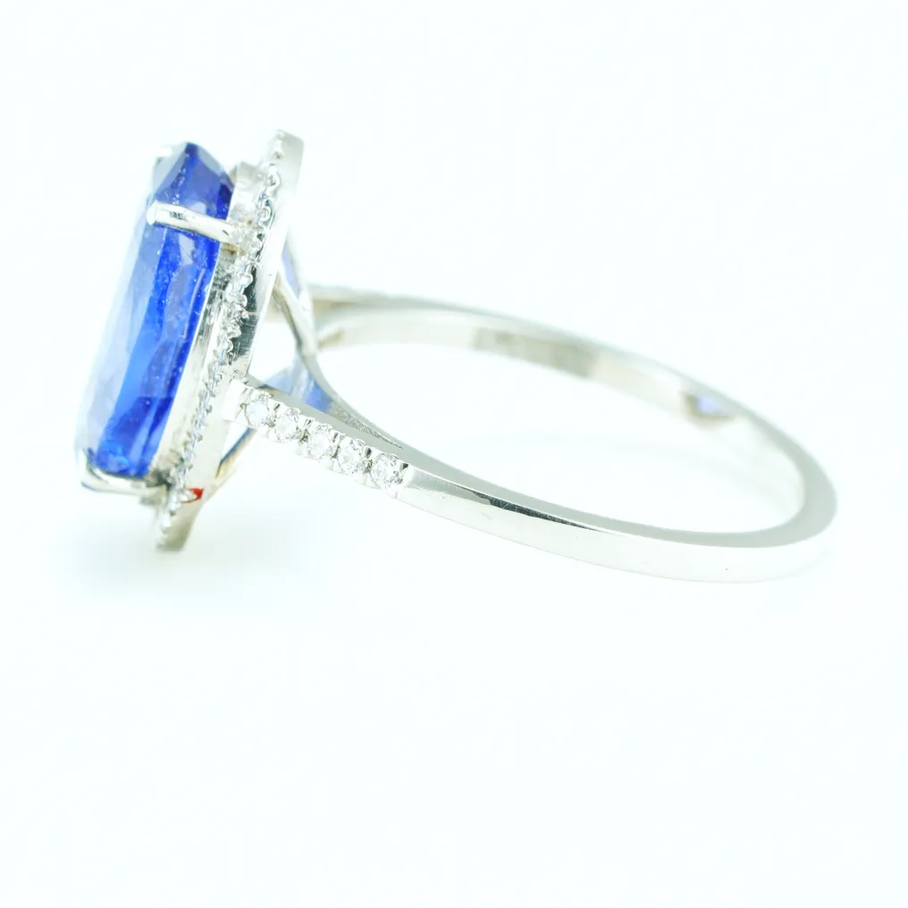 Ring Platinum - 5.26ct. tw. Sapphire - Diamond - IGI Sapphire Halo Ring - Image 3