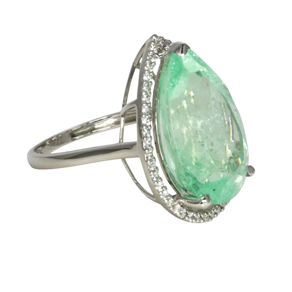 Ring Platinum - 13.00ct. tw. Emerald - Diamond - IGI - Halo Ring - Image 4