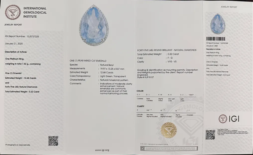 Ring Platinum - 13.00ct. tw. Emerald - Diamond - IGI - Halo Ring - Image 2