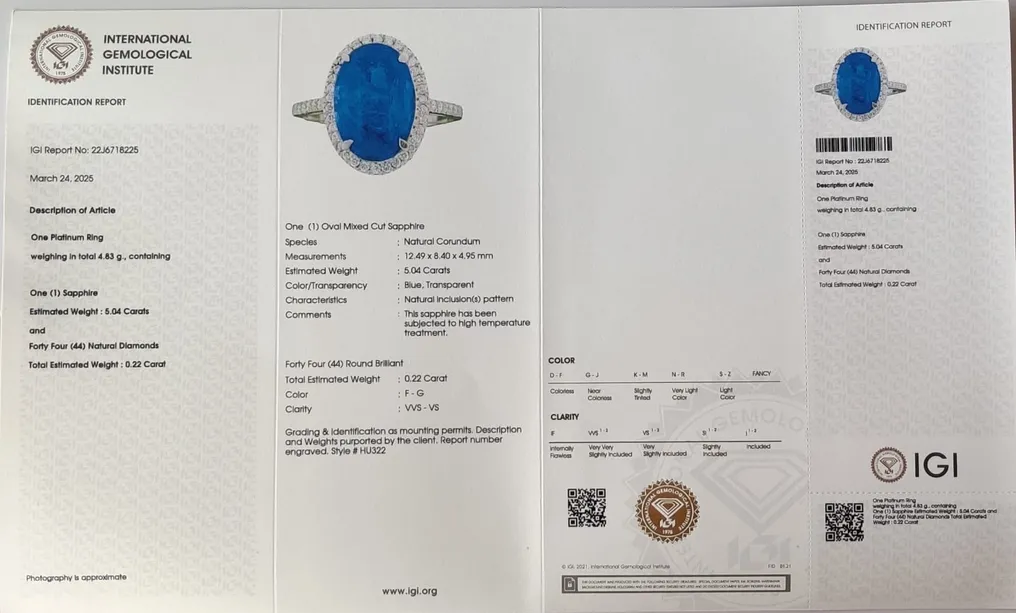 Ring Platinum - 5.26ct. tw. Sapphire - Diamond - IGI Sapphire Halo Ring - Image 2